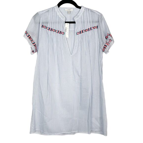 New J Crew Medium M Blue White Striped Embroidered Tunic Top Short Sleeve VNeck - Picture 1 of 10